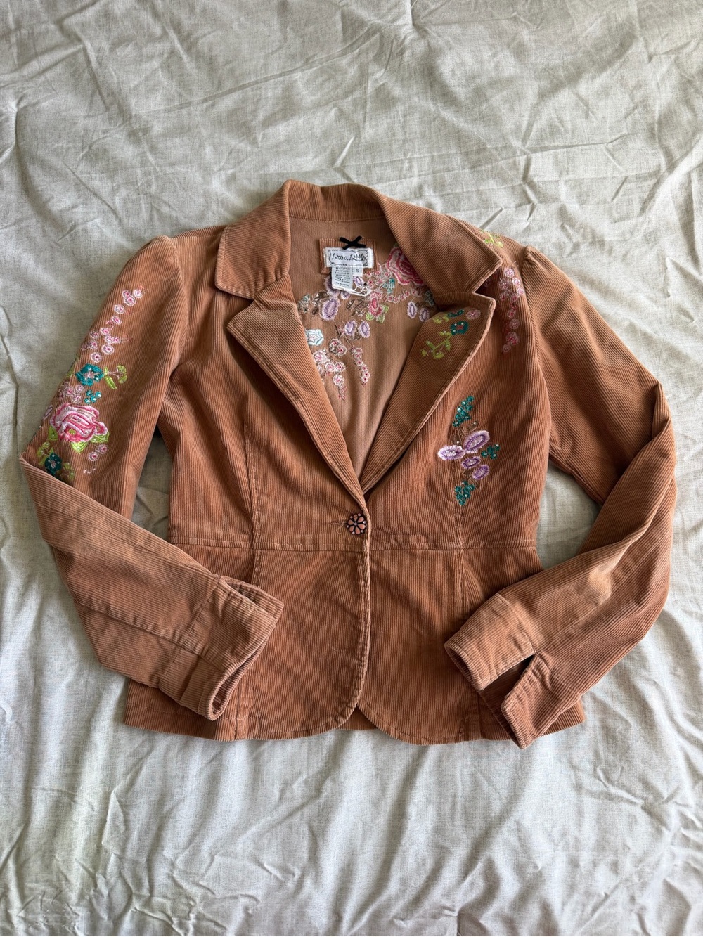 Live A Little Light Brown Corduroy Floral Embroidered Blazer (S)